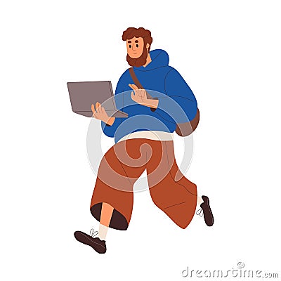 Busy business person hurrying, running, walking with laptop computer in hands. Hectic active man freelancer late with Vector Illustration