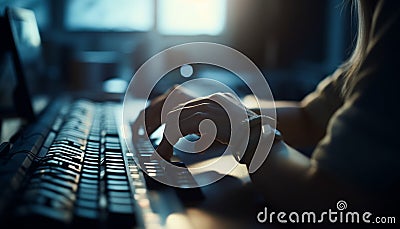 Busy business person typing e mail on wireless laptop at night generated by AI Stock Photo