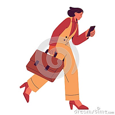 Busy business woman rushing, hurrying to office, late for work. Businesswoman going fast, running with mobile phone Vector Illustration