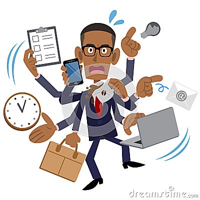 Busy Businessman, African American, Black Man Vector Illustration