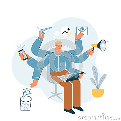 Busy businessman with multi task skills, office worker with phone, email and laptop Vector Illustration