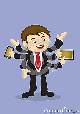 Busy Businessman Multitasking with Multiple Arms Vector Cartoon Vector Illustration