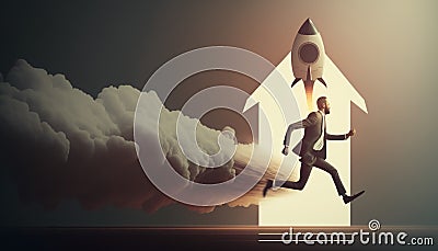The busy businessman running and rocket shot into space. Concept of successful career or business goal achievement Stock Photo