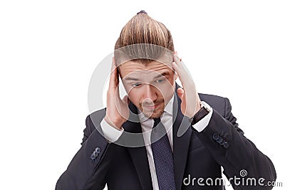 Busy bussinessman worrying about problems having place in his own company . Stock Photo
