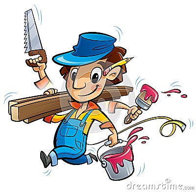 Busy cartoon carpenter character doing many things at same time Stock Photo