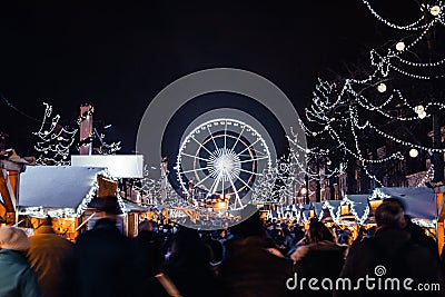 Christmas Market in Brussels with Ferris Wheel in Background Editorial Stock Photo
