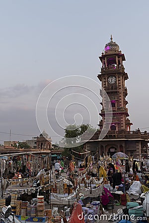 Busy and congested view of famous Sardar Market and Ghanta ghar Clock tower in Jodhpur, Rajasthan, India Editorial Stock Photo