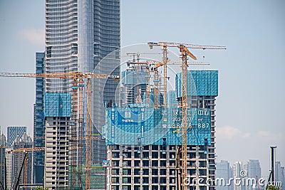Busy construction site of Wuhan Greenland Center, many large buildings are springing up Editorial Stock Photo