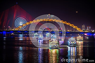 Busy Da Nang City at night Dragon Bridge Cau Rong Stock Photo