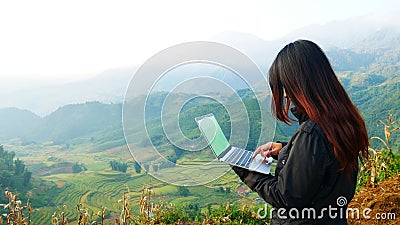 Busy freelance woman laptop outdoor. Businesswoman corporate city life outside with lifestyle technology. Beautiful woman connect Stock Photo