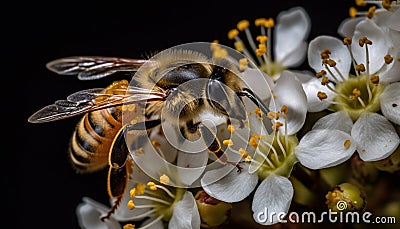 Busy honey bee pollinates single flower, collecting pollen for hive generated by AI Stock Photo