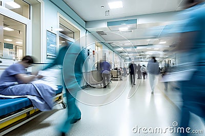 A busy hospital corridor with doctors and nurses walking. Long exposure motion blur Stock Photo