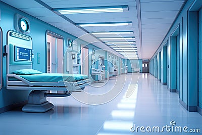 A busy hospital room filled with numerous beds, providing medical care for multiple patients, Hospital surgery corridor, AI Stock Photo