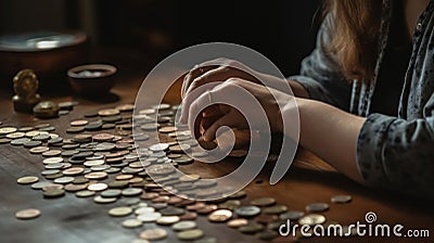 A person counting coins on a table created with Generative AI Stock Photo