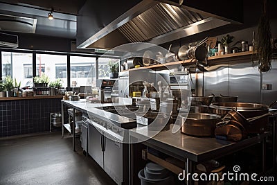 a busy kitchen with cooktops, ovens and mixers in full use Stock Photo