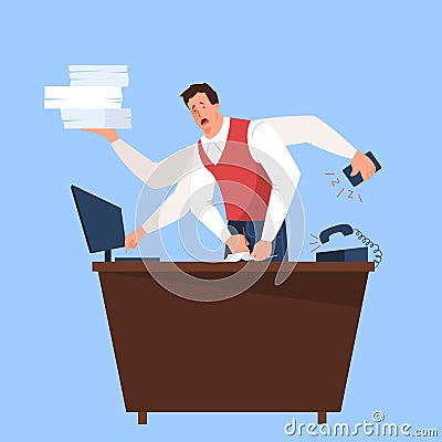 Busy man on his workplace, stressed tired professional worker holding document. Vector Illustration
