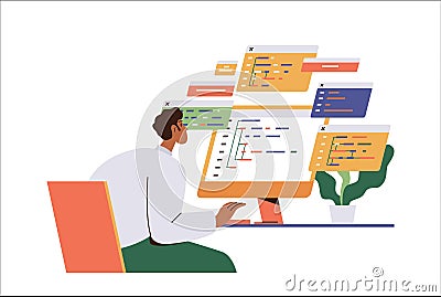 Busy man programmer freelancer writing code, male system administrator managing software database Vector Illustration