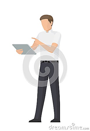 Busy Man Using Tablet PC Colorful Vector Banner Vector Illustration