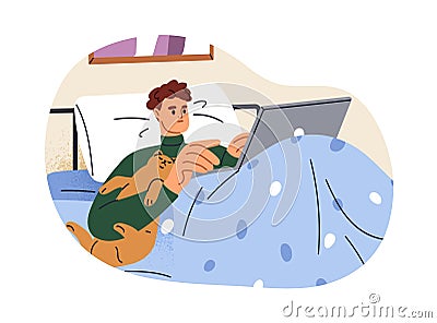 Busy man working in bed. Overworked person lying with laptop computer late at night time at home. Freelancer overloaded Vector Illustration