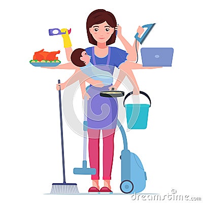 Busy mom. Mother doing housework Vector Illustration