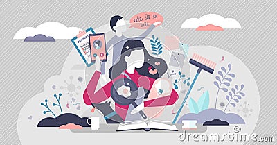 Busy mom vector illustration. Mother routine house works tiny persons concept Vector Illustration