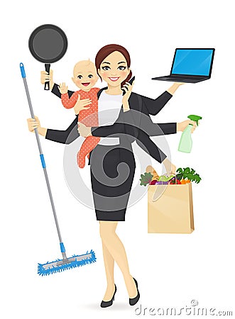 Busy mother with baby Vector Illustration