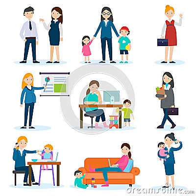 Busy Mother And Pregnant Woman Set Vector Illustration