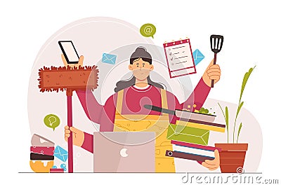 Busy multitask woman with many hands working with laptop and kitchen tools, cooking food Cartoon Illustration