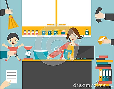 Busy multitask woman, mother managing her work with smile. Vector Illustration