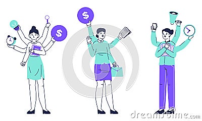 Busy, multitasking female office workers. Juggle productive business lady, professional multitasking characters doing many things Vector Illustration