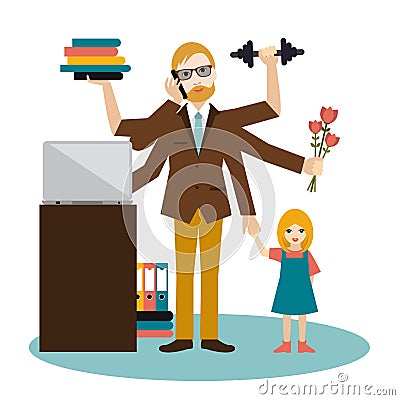 Busy multitasking man, father, dad, daddy, romantic husband, businessman, worker. Young man with son, working, calling and doing e Vector Illustration
