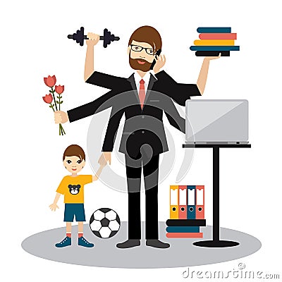 Busy multitasking man, father, dad, daddy, romantic husband, businessman Vector Illustration