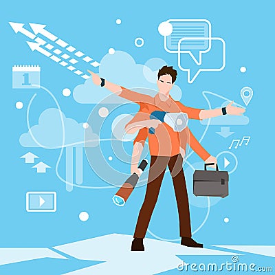 Busy Multitasking Manager Business Man With Many Hands Vector Illustration