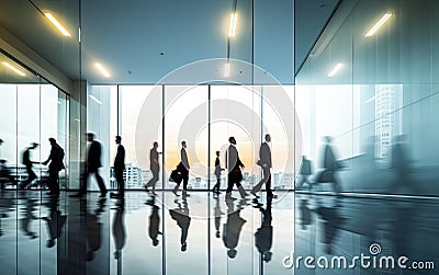 busy office environment, with a blurred office space and business professionals Stock Photo