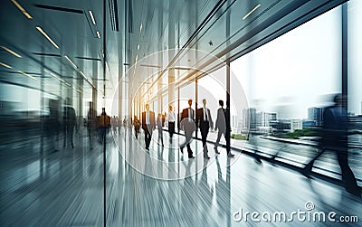 busy office environment, with a blurred office space and business professionals Stock Photo
