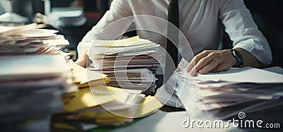 Busy office scene Employee searches and checks stacks of documents Stock Photo