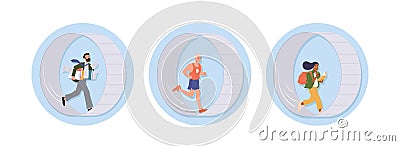 Busy overworked diverse people stuck in hamster wheel trap running fast round composition set Vector Illustration