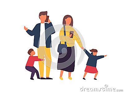 Busy parents with mobile smartphones. Family with kids. People vector illustration Vector Illustration