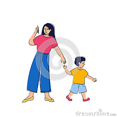 Busy parents with mobile smartphones. Children want attention from adults. Vector Illustration