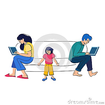 Busy parents work behind laptops.Children want attention from adults. People with kids vector illustration Vector Illustration