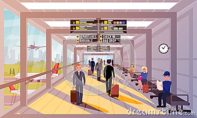 Busy People in Airport Lobby Flat Illustration. Vector Illustration