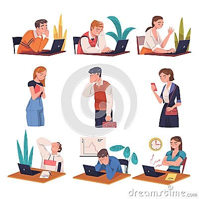 Busy People Character in Stress Feeling Tired and Exhausted Vector Set Vector Illustration