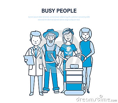 Busy people, employees, clerk, different specialties, doctor, farmers, hotel worker. Vector Illustration
