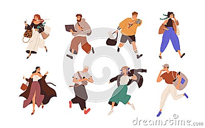 Busy people are late, running fast, hurrying and doing business on the fly. Set of man and woman rushing, working and Vector Illustration