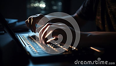 Busy programmer typing on laptop using wireless technology generated by AI Stock Photo