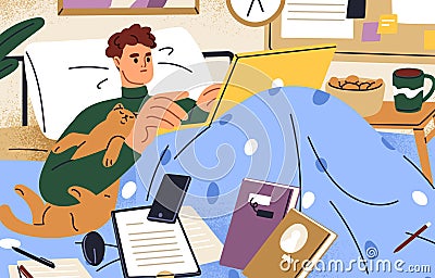 Busy remote worker lying in bed with laptop. Work overload concept. Man workaholic working 27/7 at home bedroom Vector Illustration