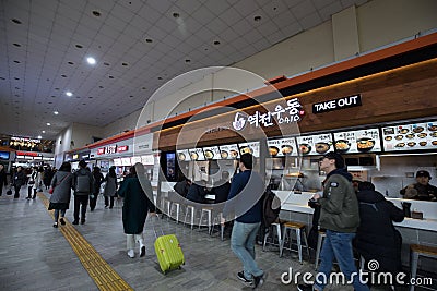 Busy Restaurant in a line at Seoul Express Bus Terminal. Seoul Express Bus Terminal is the main bus terminal located in Seocho-gu. Editorial Stock Photo