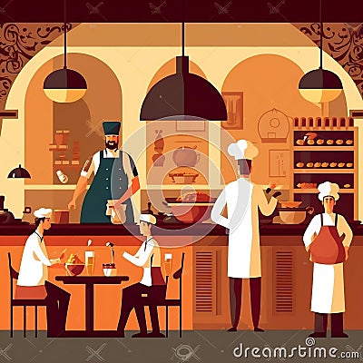 Busy Restaurant Scene: Customers Dining as Chefs and Waiters Work. Generative AI Stock Photo