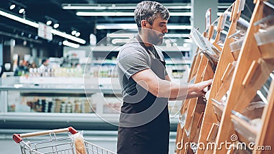 Busy salesman is putting bread on shelves in bakery department in food store, bearded guy is wearing apron. Selling Stock Photo