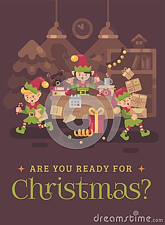 Busy Santa Claus office. Elf workers carrying presents and letters and answering the phone calls on Christmas Eve. Holiday flat Vector Illustration